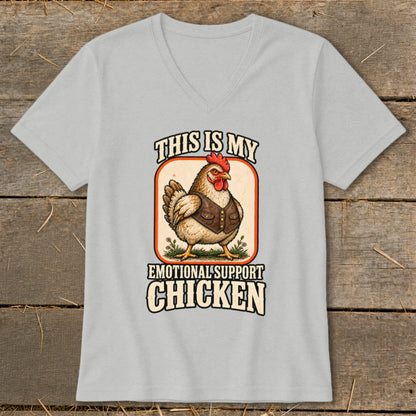 T-shirt graphic with a chicken wearing a vest, text "This is my emotional support chicken".
