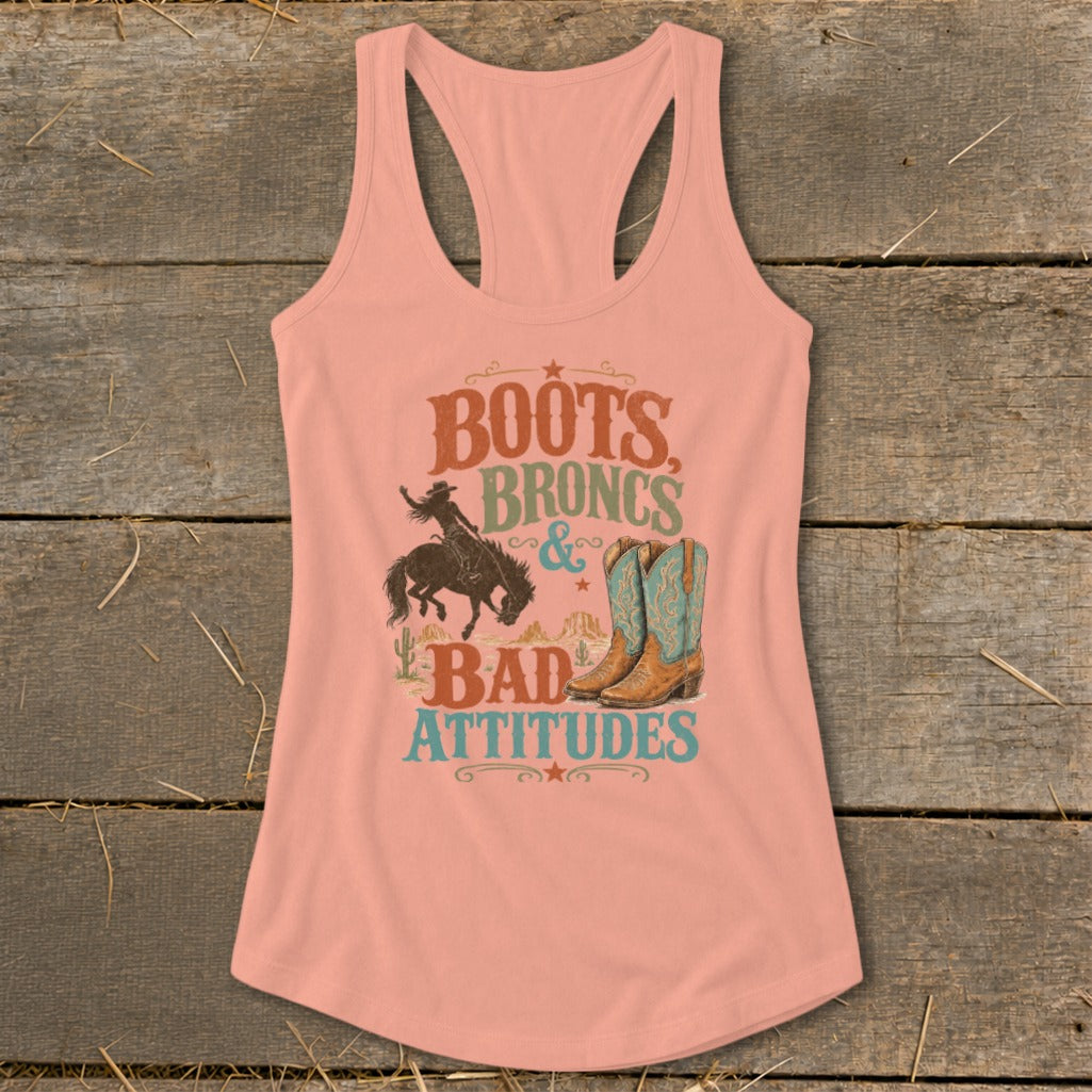 Peach tank top with "Boots, Broncs & Bad Attitudes" graphic and cowboy imagery.