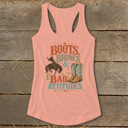 Peach tank top with "Boots, Broncs & Bad Attitudes" graphic and cowboy imagery.