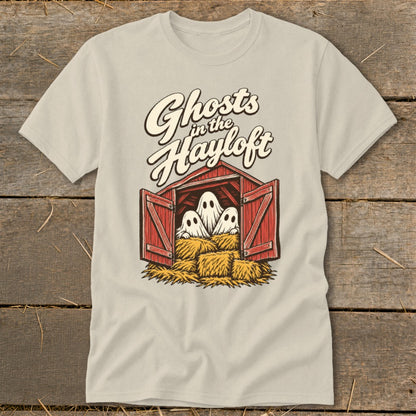 Ghosts in the Hayloft graphic on a light-colored t-shirt with ghosts in a barn.
