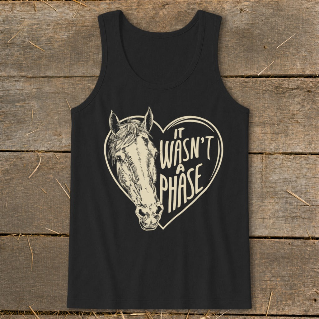 Black tank top with horse head inside a heart graphic saying "It Wasn't A Phase".