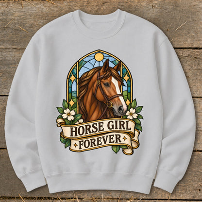 Brown horse head in stained glass arch with "HORSE GIRL FOREVER" banner.
