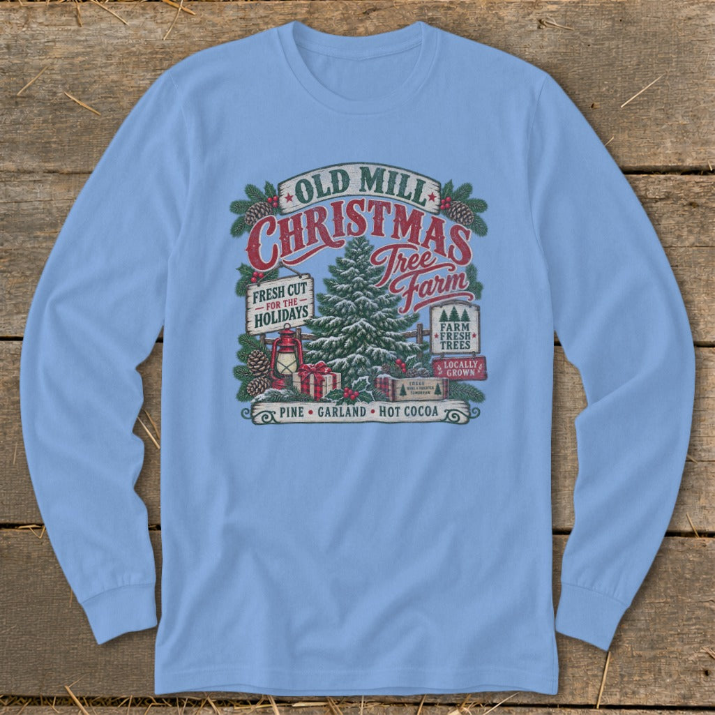 Long sleeve shirt with Old Mill Christmas Tree Farm vintage graphic.