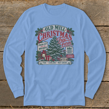Long sleeve shirt with Old Mill Christmas Tree Farm vintage graphic.
