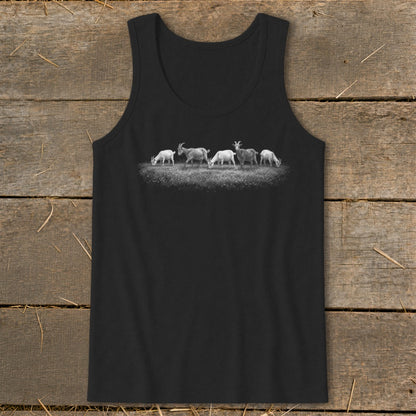 Black tank top with a white illustration of six goats grazing in a field.