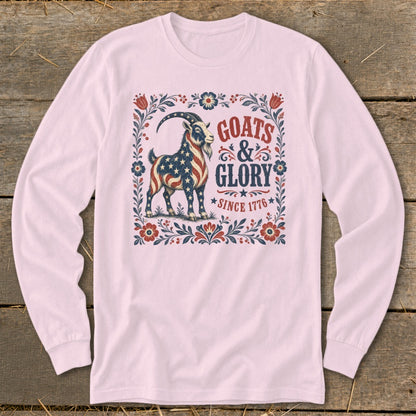 Goats & Glory Since 1776 graphic on a light pink long-sleeve shirt.