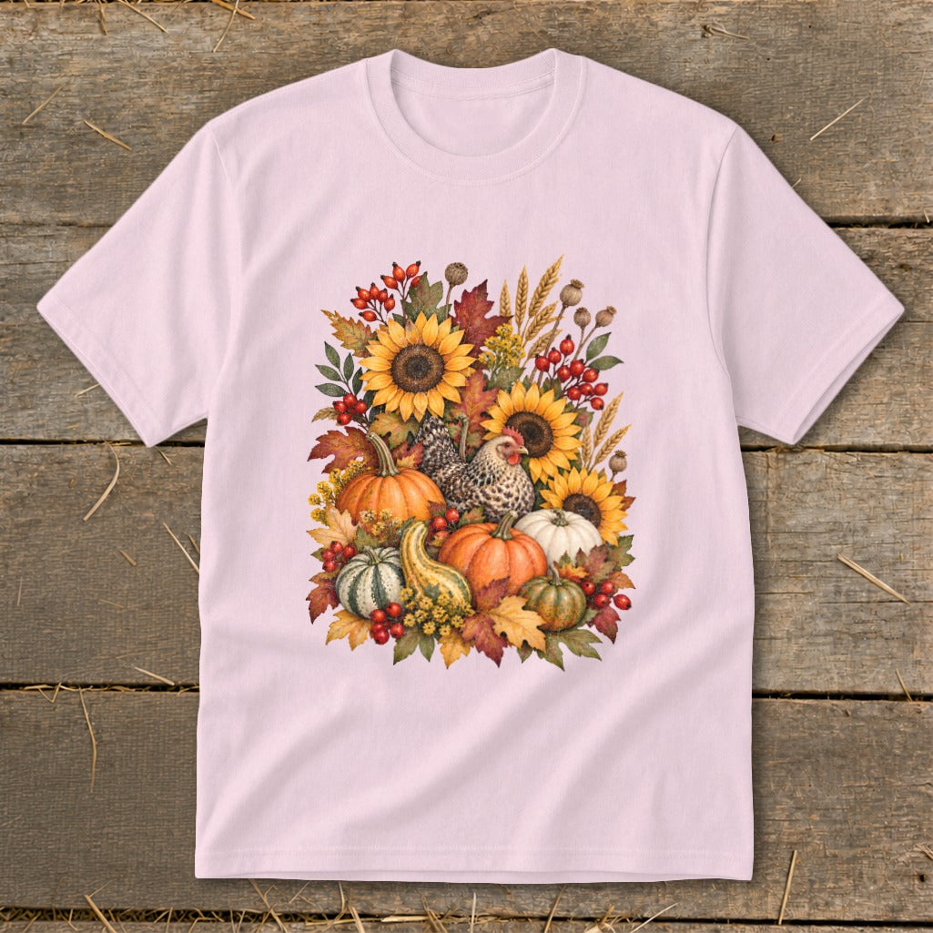 Pink t-shirt with a watercolor design of sunflowers, pumpkins, gourds, leaves, and chickens.