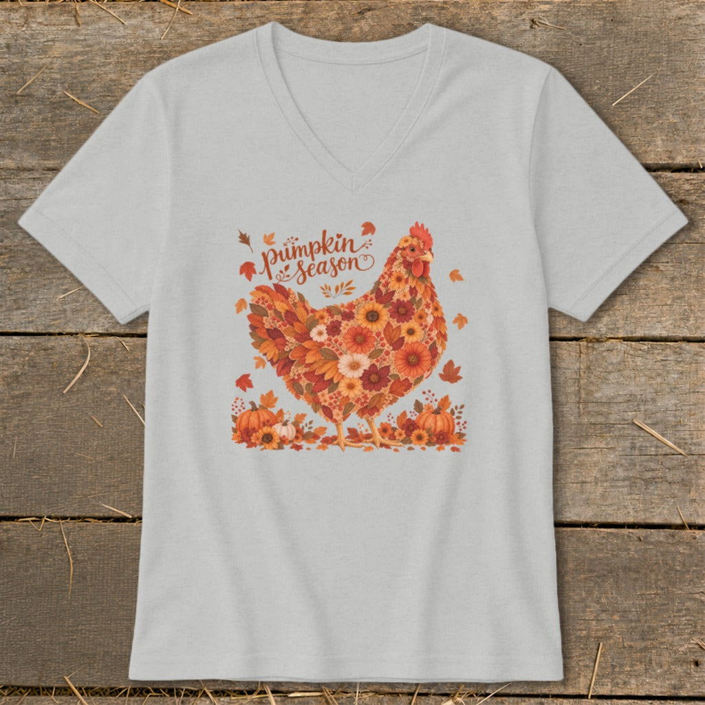 Grey t-shirt with a floral chicken and "Pumpkin Season" text.