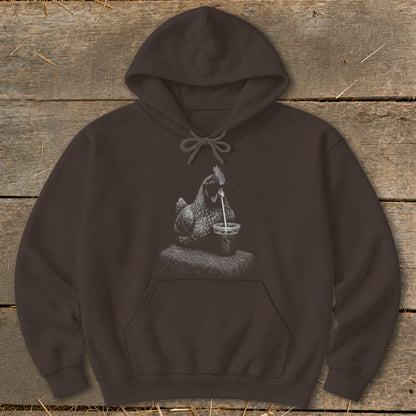 Brown hoodie with a graphic of a chicken drinking from a cup.