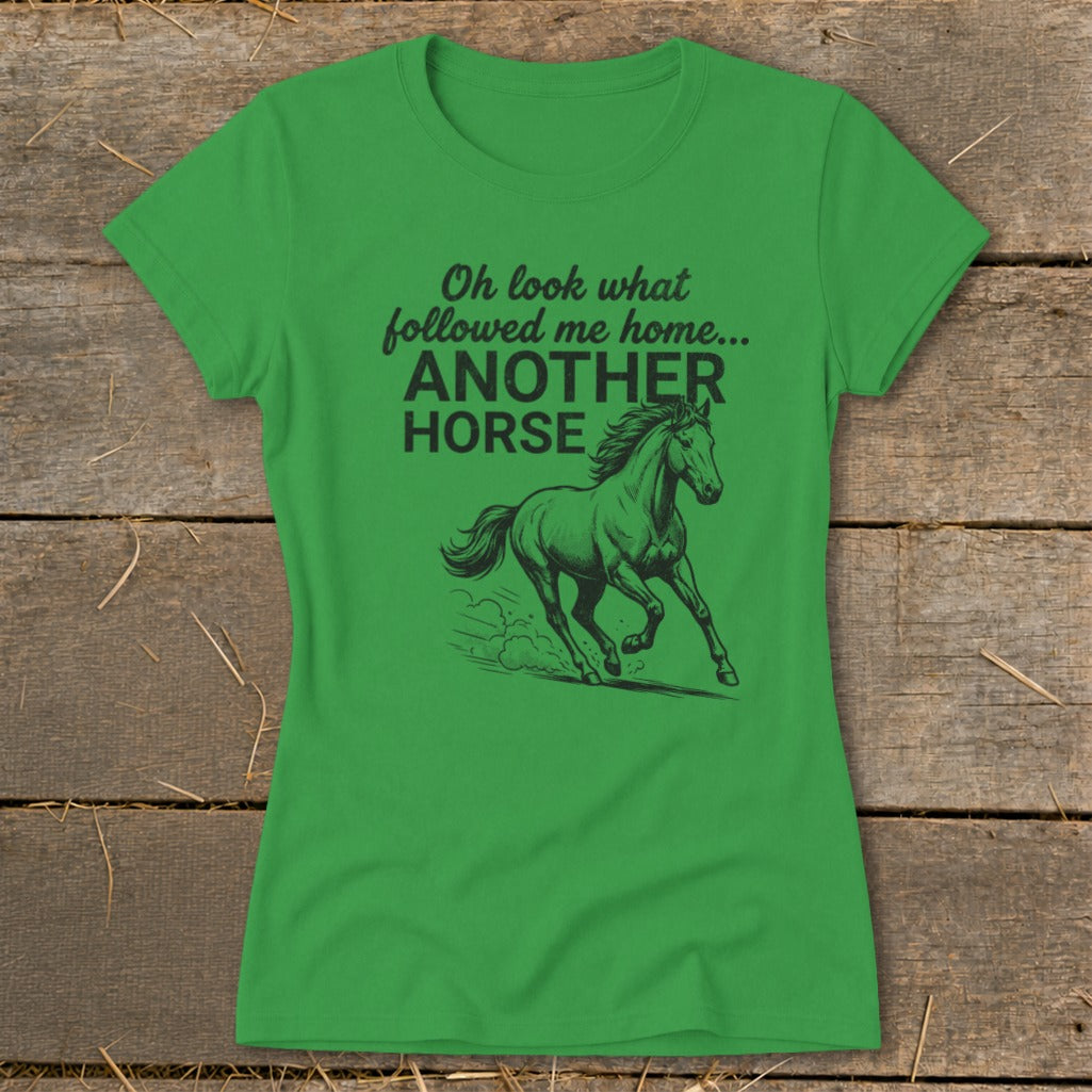 Green t-shirt with text "Oh look what followed me home... ANOTHER HORSE" and a horse illustration.