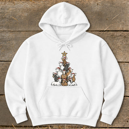 White hoodie with a Christmas tree made of goats wearing Santa hats.