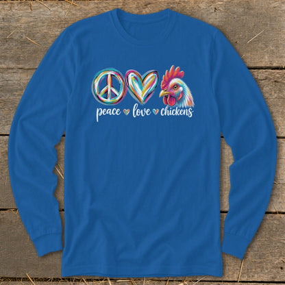 Blue long-sleeve shirt with peace, love, and chicken graphic.