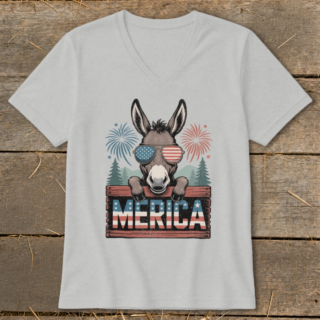 Donkey wearing American flag sunglasses over a wooden sign that says "MERICA".