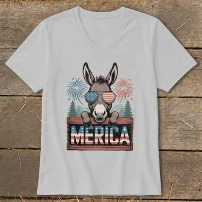 Donkey wearing American flag sunglasses over a wooden sign that says "MERICA".