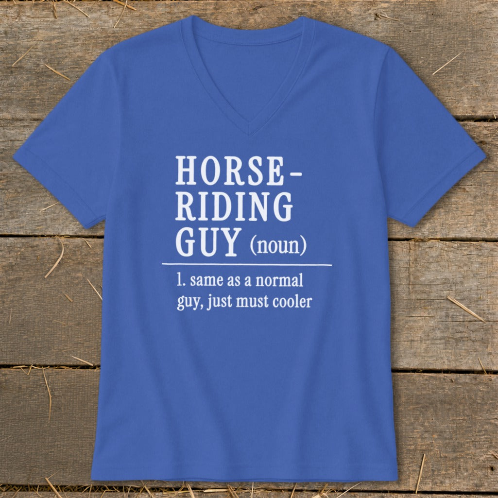 Royal blue t-shirt with white text defining "Horse-Riding Guy."