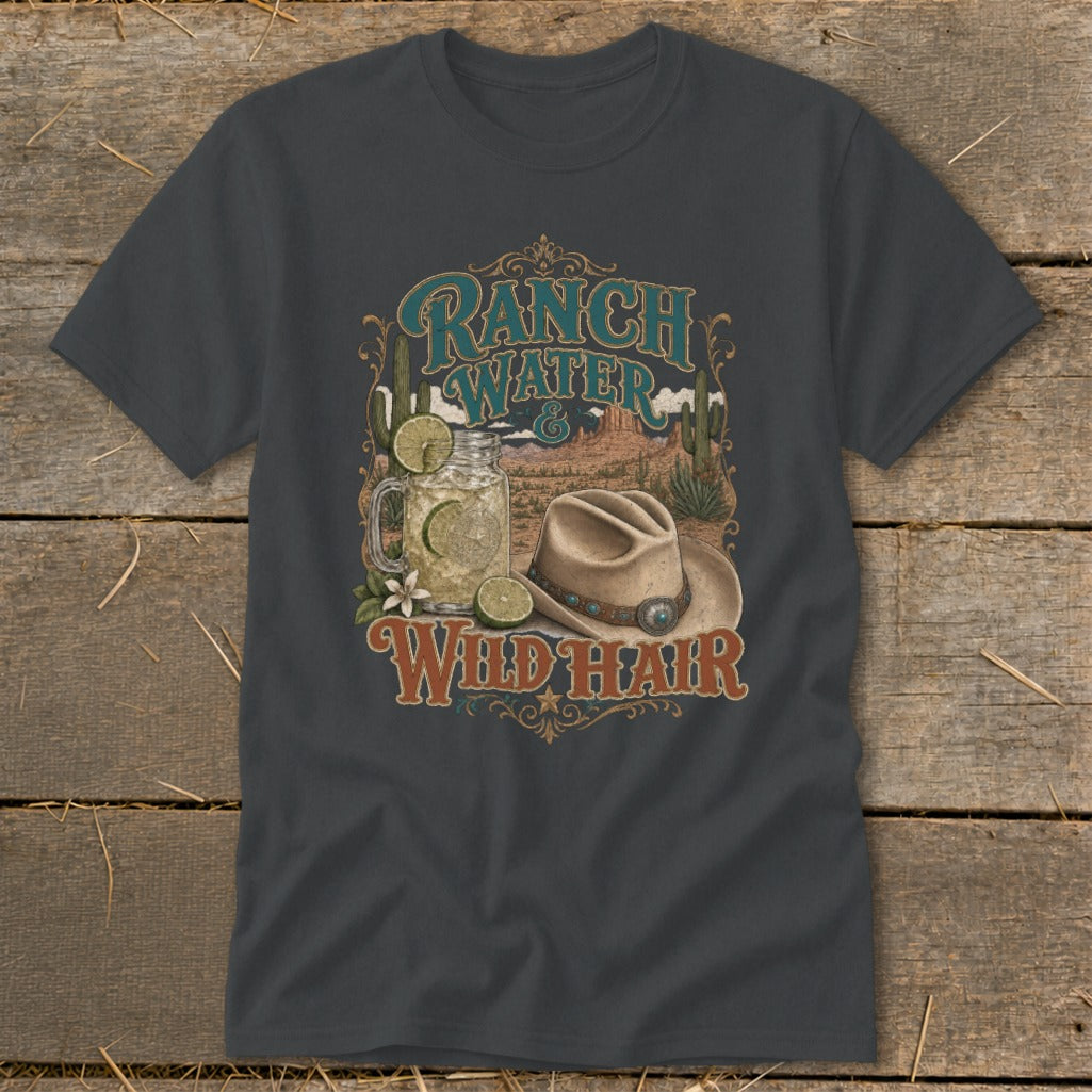 Ranch Water and Wild Hair graphic with cowboy hat and drink on dark grey t-shirt.