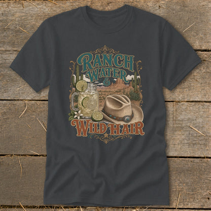 Ranch Water and Wild Hair graphic with cowboy hat and drink on dark grey t-shirt.