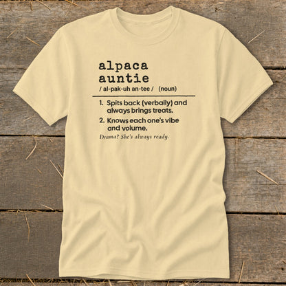Cream t-shirt with "alpaca auntie" definition printed in black text.