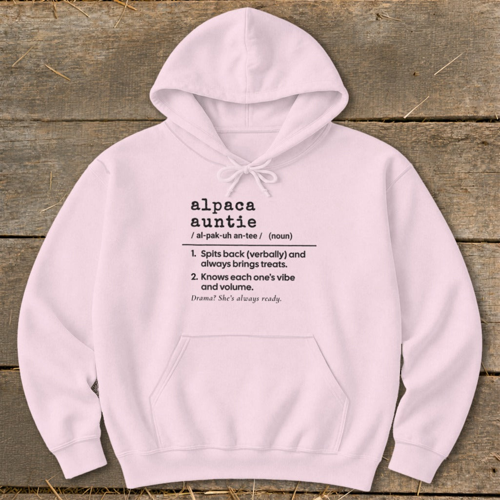 Pink hoodie with "alpaca auntie" definition text.