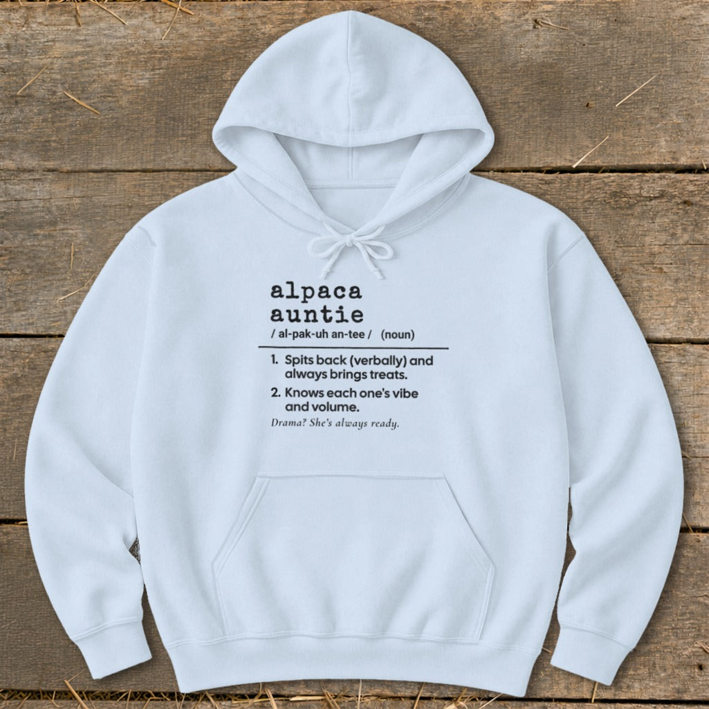 White hoodie with "alpaca auntie" definition and related traits.