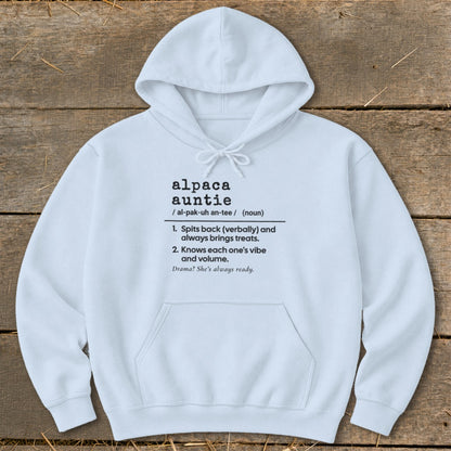 White hoodie with "alpaca auntie" definition and related traits.
