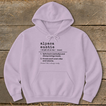 Lavender hoodie with "Alpaca Auntie" definition text.