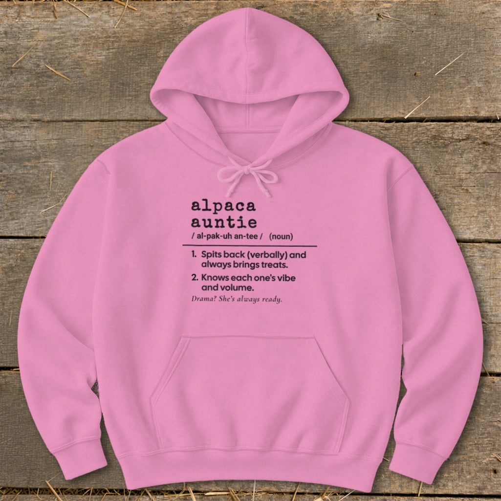 Pink hoodie with "alpaca auntie" definition and humorous descriptions.
