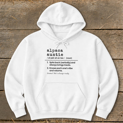 White hoodie with "alpaca auntie" definition graphic.