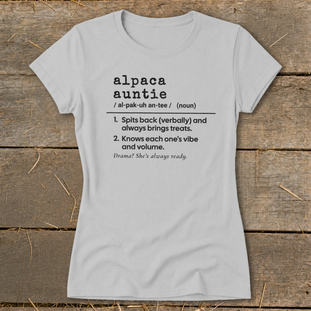 Light gray t-shirt with "alpaca auntie" definition and humorous descriptions.