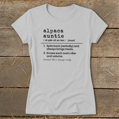 Light gray t-shirt with "alpaca auntie" definition and humorous descriptions.