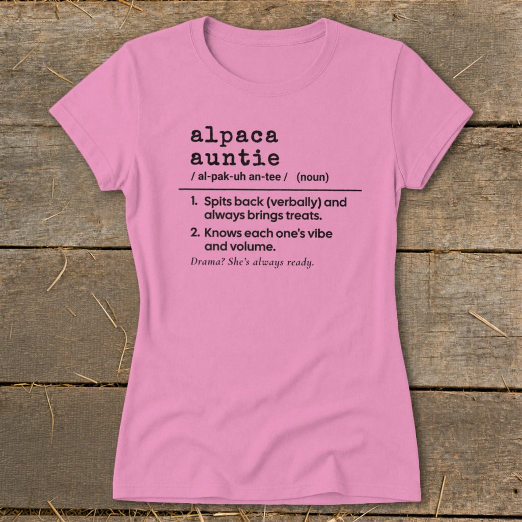 Pink t-shirt with definition of "alpaca auntie" including humor.