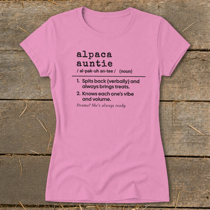Pink t-shirt with definition of "alpaca auntie" including humor.