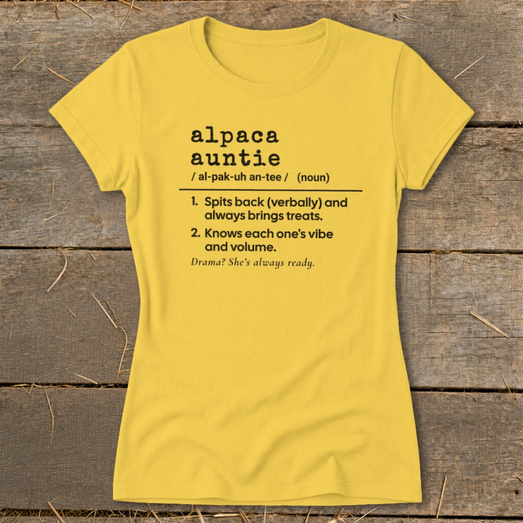 Yellow t-shirt with "alpaca auntie" definition text.