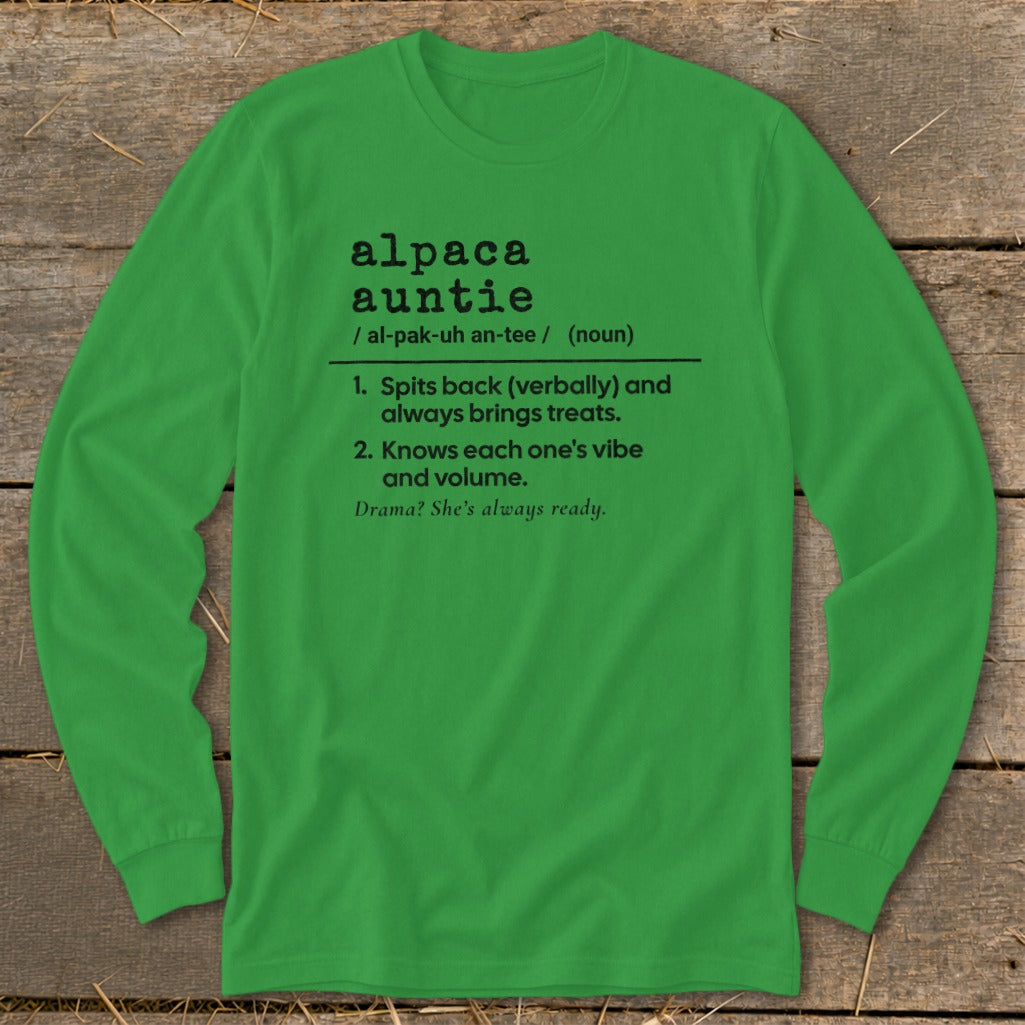 Green long-sleeve shirt with definition of "alpaca auntie" printed on it.