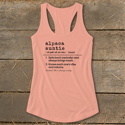 Peach tank top with "alpaca auntie" definition printed on it.
