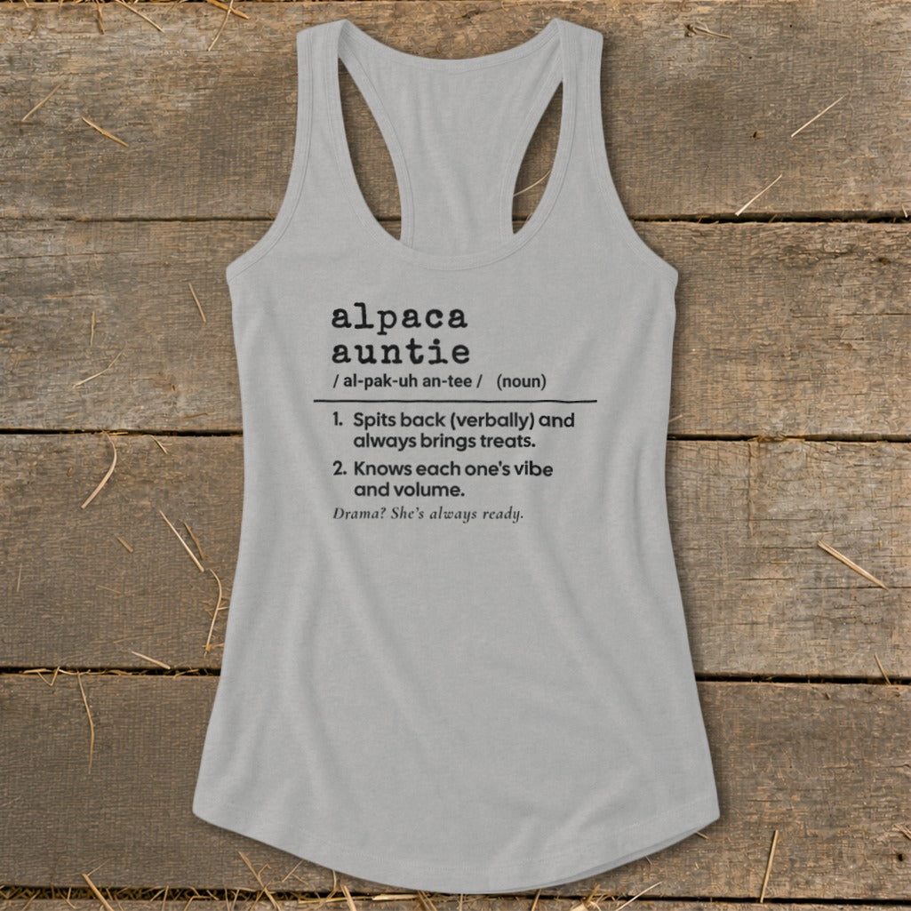 Gray tank top with definition of "alpaca auntie" including "spits back" and "brings treats."