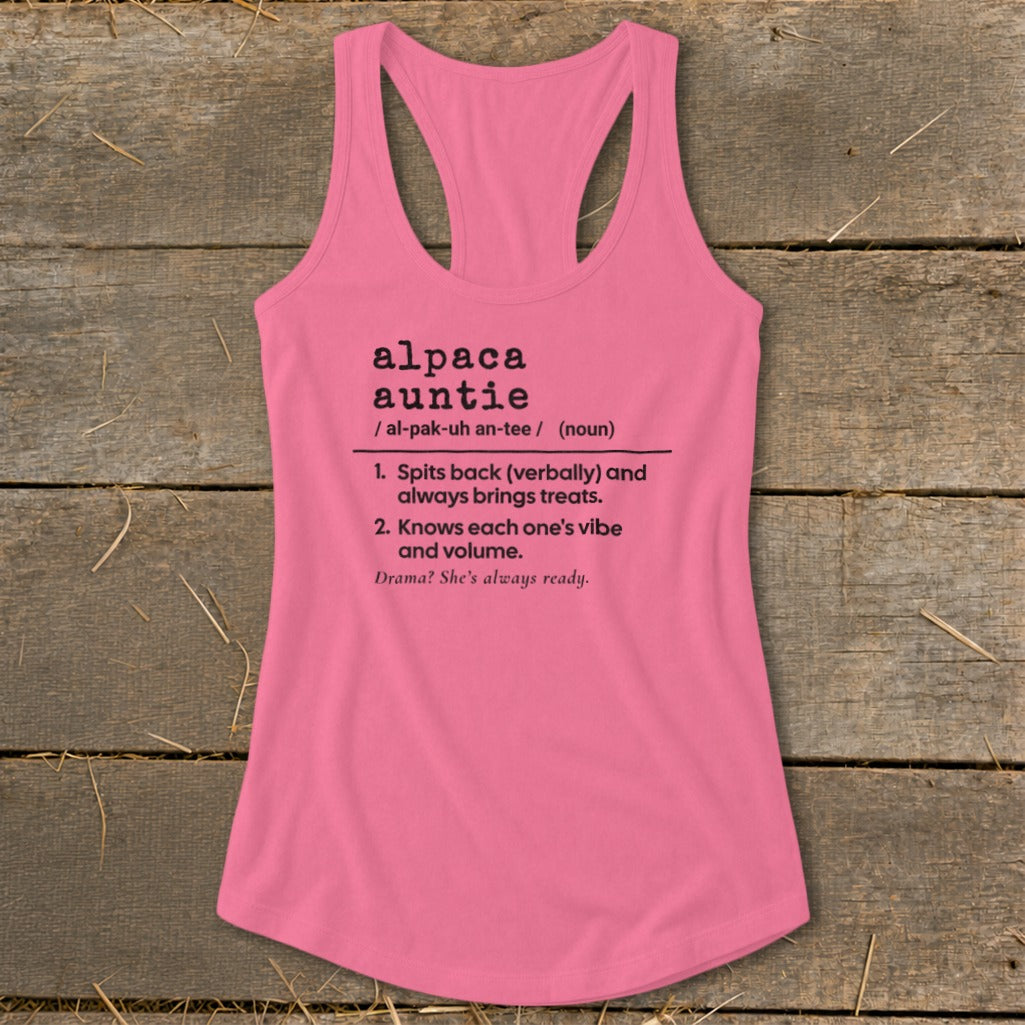 Pink tank top with definition of "alpaca auntie" in black text.