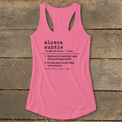 Pink tank top with definition of "alpaca auntie" in black text.