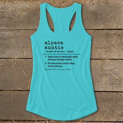 Teal tank top with "alpaca auntie" definition and humorous traits listed.