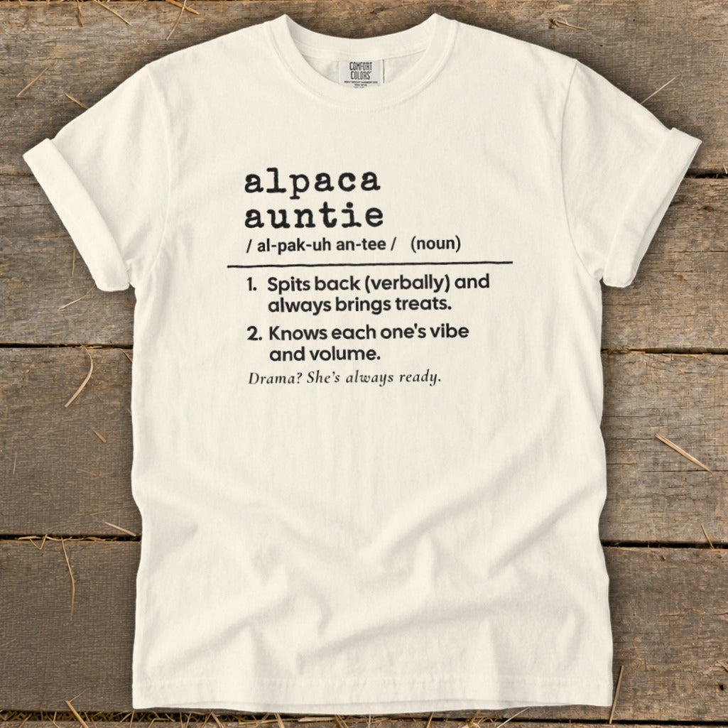 White t-shirt with "Alpaca Auntie" definition and two points.