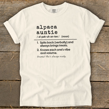 White t-shirt with "Alpaca Auntie" definition and two points.