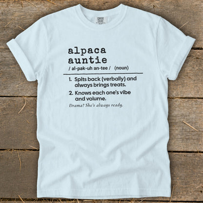 White t-shirt with black text defining "Alpaca Auntie" with two numbered points.
