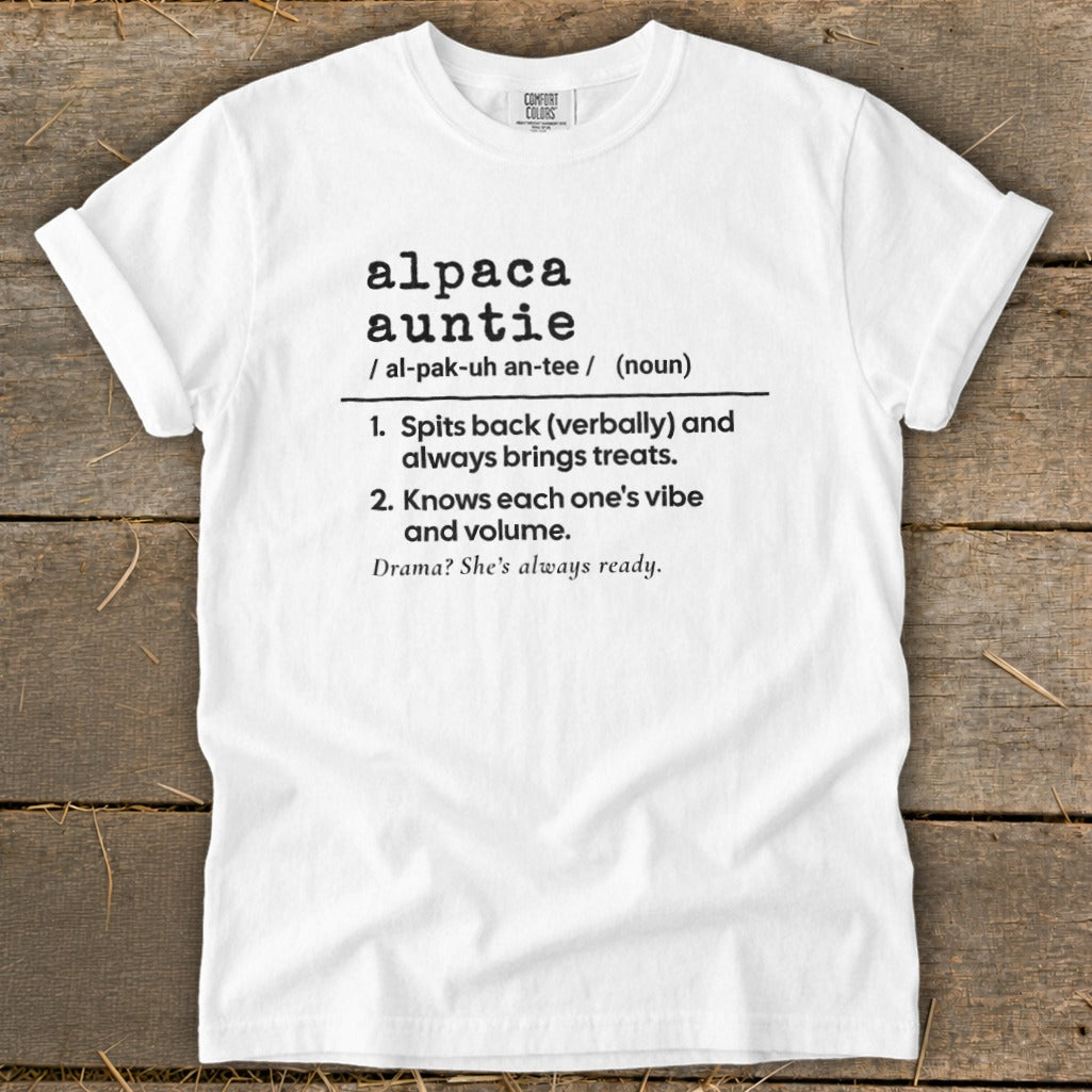 White t-shirt with "alpaca auntie" definition and pronunciation.