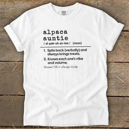 White t-shirt with "alpaca auntie" definition and pronunciation.