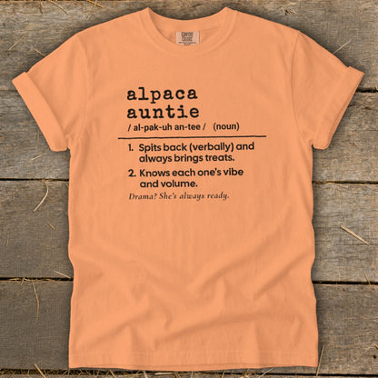 Peach t-shirt with "Alpaca Auntie" definition text.