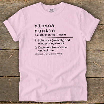 Pink t-shirt with "alpaca auntie" definition and numbered qualities.