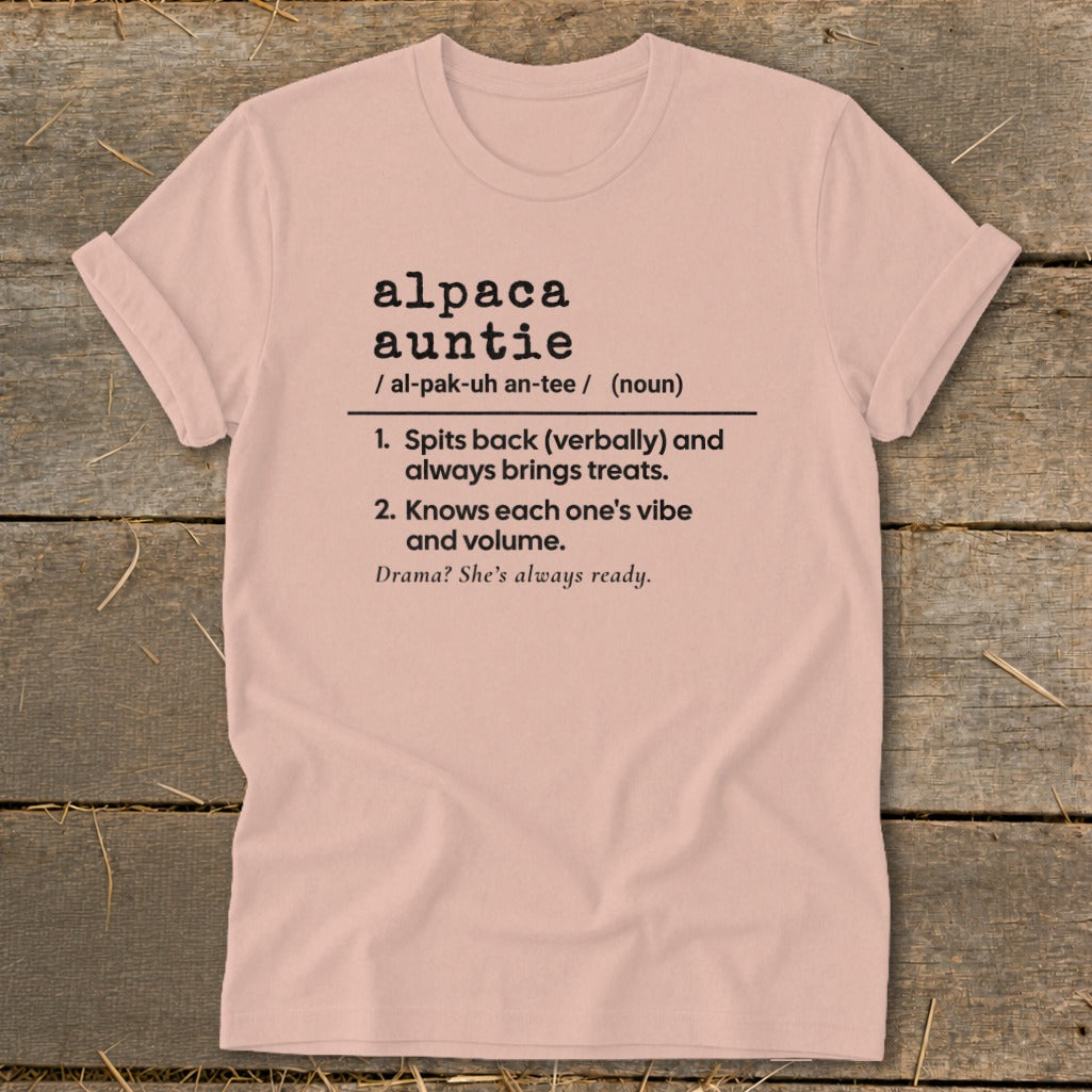 Pink t-shirt with "Alpaca Auntie" definition in black text.