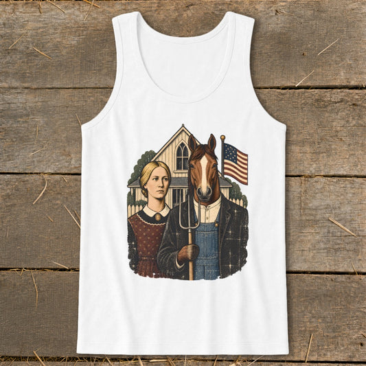 White tank top featuring an illustration of American Gothic with a horse holding a pitchfork.