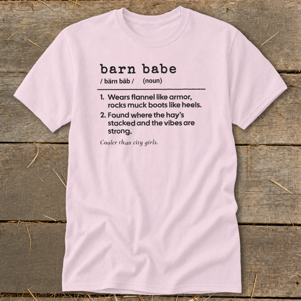 Pink t-shirt with "barn babe" definition and a saying.