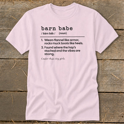 Pink t-shirt with "barn babe" definition and a saying.